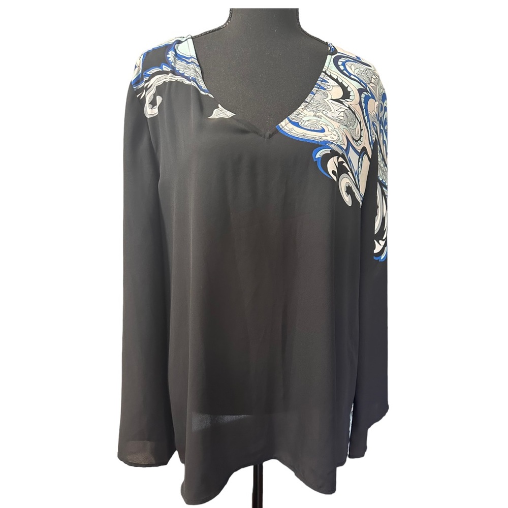 The Limited Black and Blue Asymmetrical Paisley Print V-Neck Tunic, Size XL